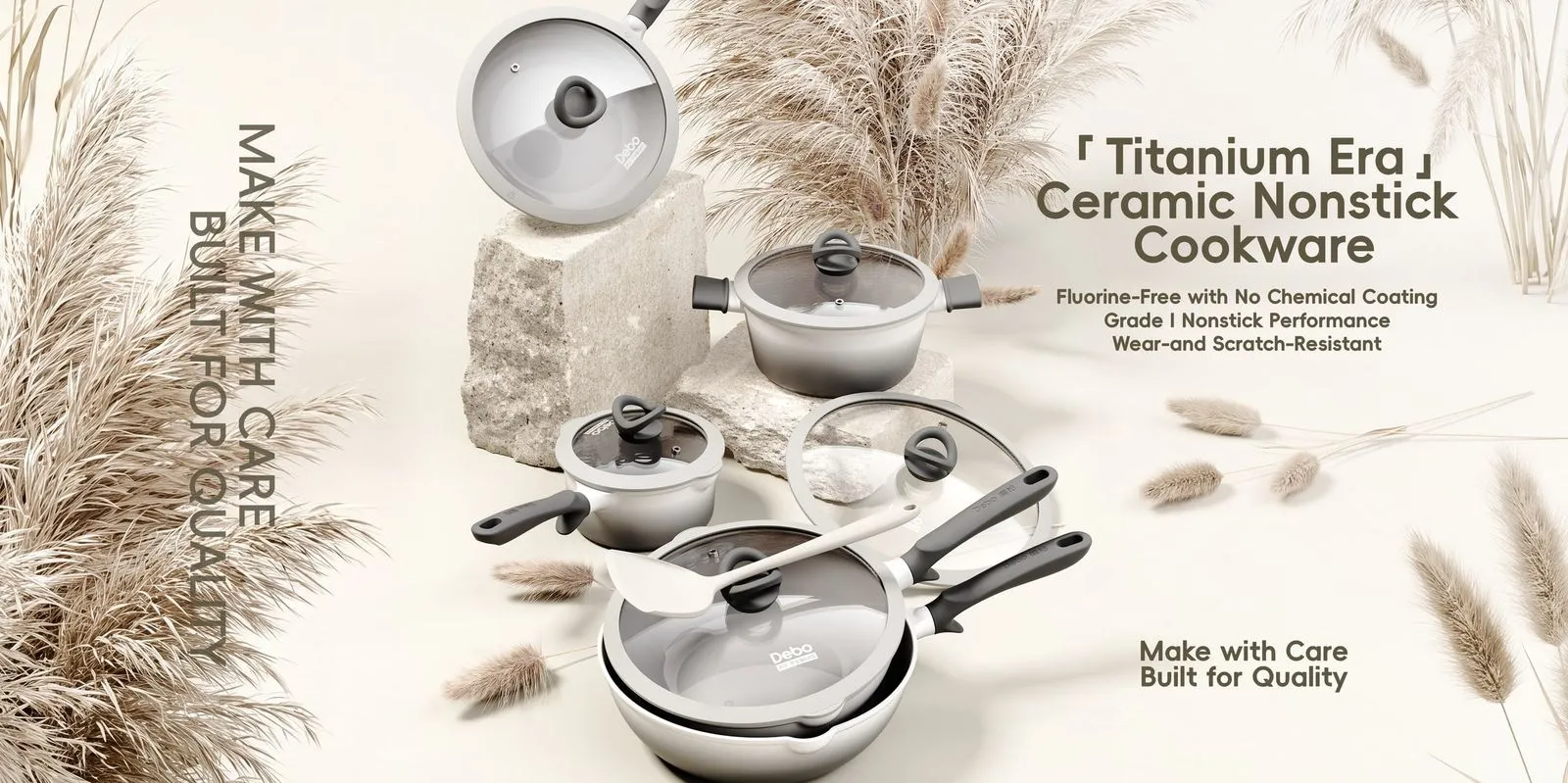 Titanium Era ceramic non-stick cookware poster: no chemical coating, fluorine-free