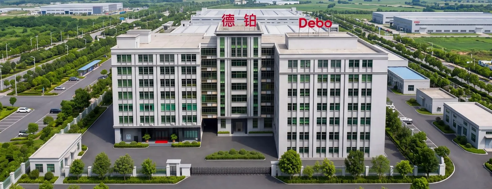 德铂潮州生产基地航拍横幅：厂区楼顶的德铂 Debo 标识